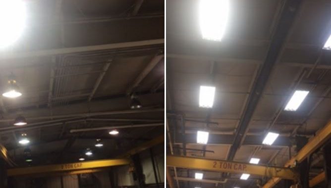 Acro Manufacturing Corporation in Cedar Rapids, Iowa LED Lights Transformation from Directional LED Lights (left) to Omni-Directional LED Lights (right)